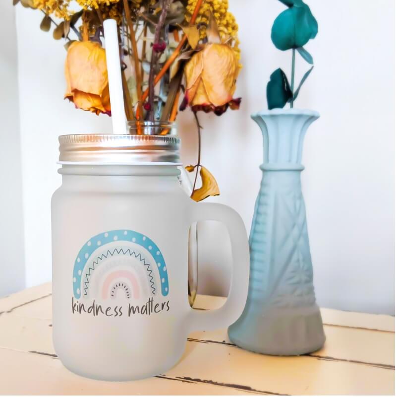 frosted mason jar glass with lid and straw customized with a creative rainbow and kindness matters